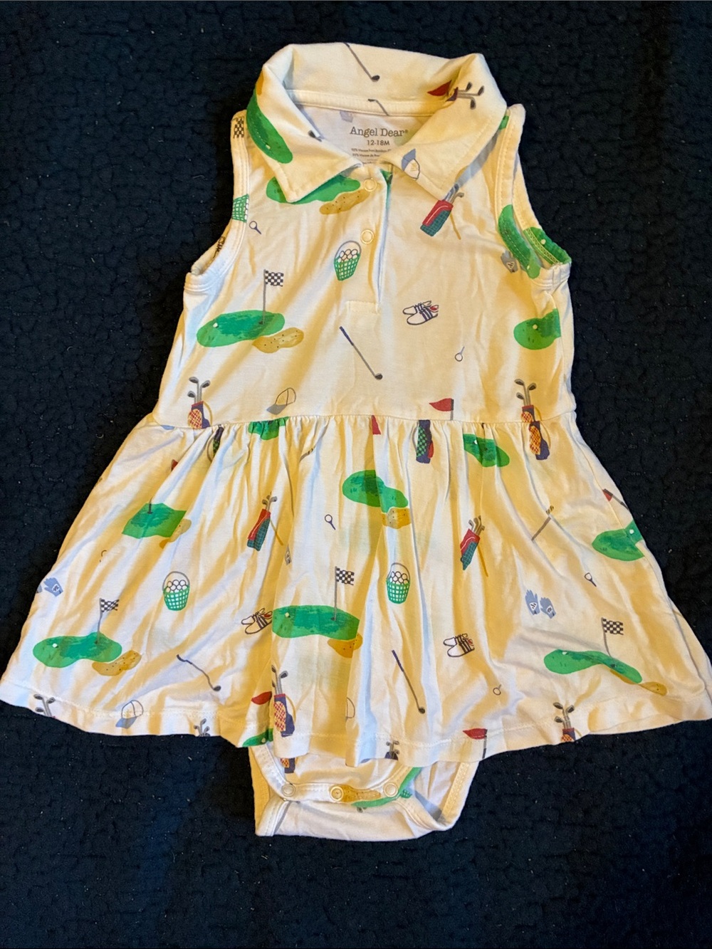 Angel Dear Sleeveless Polo Dress Bodysuit in Cream with Green Golf Motif